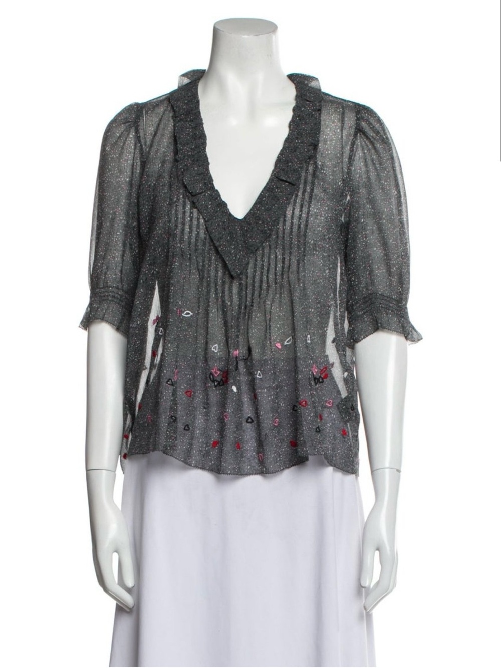 Zadig & Voltaire Charcoal Sheer Ruffled V-Neck Blouse with Pink Accents